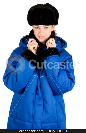 Blue quilted coat blue quilted coat stock photo, Girl at blue quilted coat on a white by olinchuk