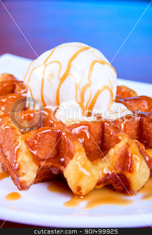 Waffle and ice cream Waffle and ice cream stock photo, Tasty waffle and ice cream with cream by olinchuk