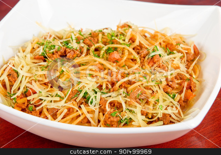 To use this stock image in your creative project, please select the size you need over to the right and click the "Add to Cart" button.
Your downloaded image will come with the Cutcaster watermark removed so don’t worry about the watermark you see on this page. Pasta with meat stock photo, Pasta with meat and greens closeup tasty dish by olinchuk