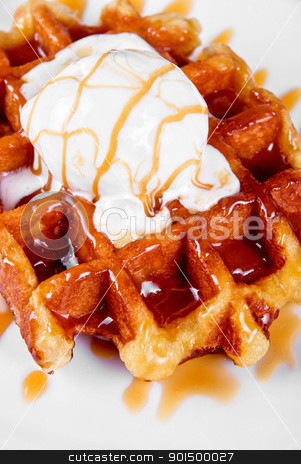 Waffle and ice cream Waffle and ice cream stock photo, Tasty waffle and ice cream with cream by olinchuk
