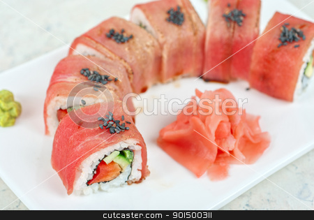 Fuji Sushi rolls Fuji Sushi rolls stock photo, Fuji Sushi rolls made of tuna, pepper, avocado, cucumber by olinchuk