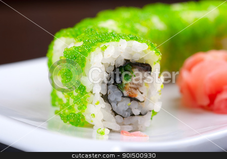 Sushi rolls sushi rolls stock photo, Sushi rolls made of salmon, avocado, flying fish roe - tobiko caviar and philadelphia cheese by olinchuk
