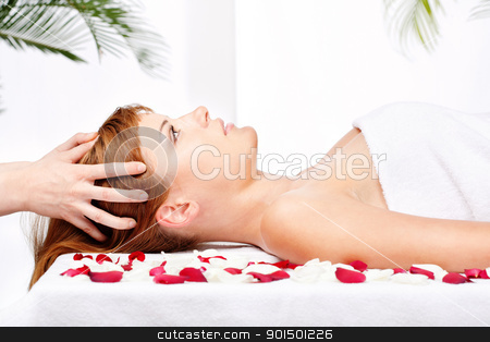 Woman on head massage treatment in salon woman on head massage treatment in salon stock photo, Pretty woman on head massage treatment in salon by iMarin