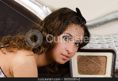 Retro radio retro radio stock photo, pretty girl listening music on retro radio - closeup portrat by olinchuk