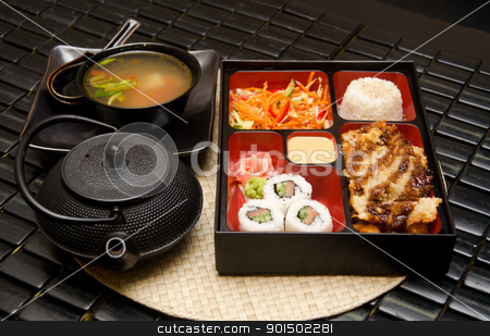 To use this stock image in your creative project, please select the size you need over to the right and click the "Add to Cart" button.
Your downloaded image will come with the Cutcaster watermark removed so don’t worry about the watermark you see on this page. Sushi lunch stock photo, Sushi lunch with soup salad tea and sauce by olinchuk