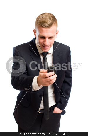 Good news! Good news! stock photo, Portrait of excited happy young busniessman checking his mobile phone. by exvivo