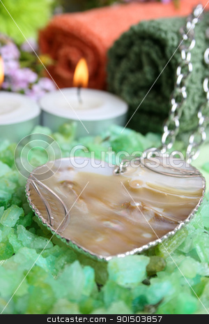 To use this stock image in your creative project, please select the size you need over to the right and click the "Add to Cart" button.
Your downloaded image will come with the Cutcaster watermark removed so don’t worry about the watermark you see on this page. Shell heart stock photo, Beautiful shell heart necklace with spa accessories in the background by Vanessa Van Rensburg