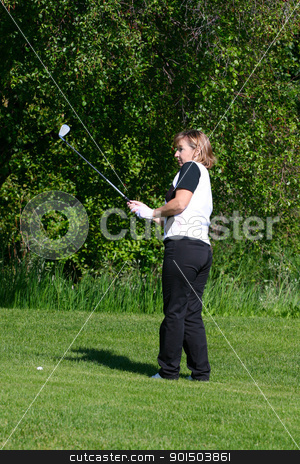 To use this stock image in your creative project, please select the size you need over to the right and click the "Add to Cart" button.
Your downloaded image will come with the Cutcaster watermark removed so don’t worry about the watermark you see on this page. Fairway Shot stock photo, Adult female golfer playing an iron shot from the fairway by Vanessa Van Rensburg