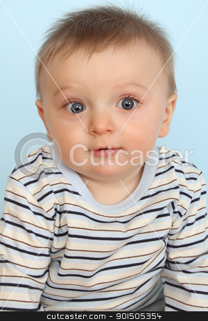 To use this stock image in your creative project, please select the size you need over to the right and click the "Add to Cart" button.
Your downloaded image will come with the Cutcaster watermark removed so don’t worry about the watermark you see on this page. Surprize baby stock photo, Surprized looking baby boy against a blue background by Vanessa Van Rensburg