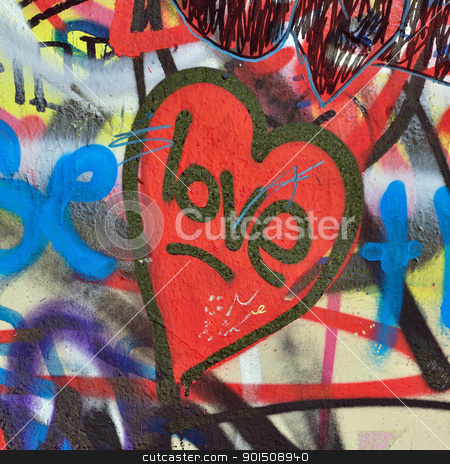 Heart of the city heart of the city stock photo, Heart graffiti over messy tagged urban wall background. by sirylok
