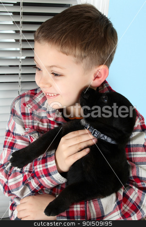 To use this stock image in your creative project, please select the size you need over to the right and click the "Add to Cart" button.
Your downloaded image will come with the Cutcaster watermark removed so don’t worry about the watermark you see on this page. Boy and puppy stock photo, Beautiful blond boy with a black puppy by Vanessa Van Rensburg