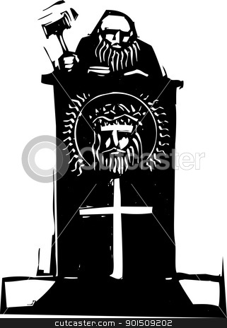 Religious Judge Religious Judge stock vector clipart, Woodcut style judge sitting atop his bench with religious iconography. by Jeffrey Thompson