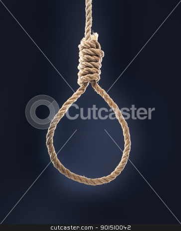 Noose Noose stock photo, Rope noose with hangman's knot hanging in front of blue background. by Stocksnapper