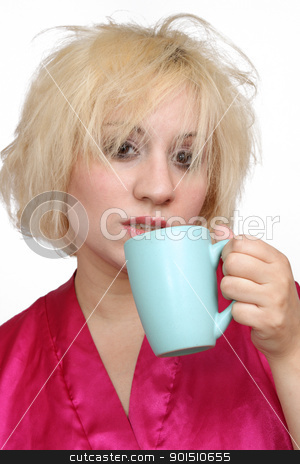 Grumpy Blonde Drinking Coffee (1) Grumpy Blonde Drinking Coffee (1) stock photo, A disheveled blonde wearing a bathrobe, about to take a sip of coffee. by Carl Stewart