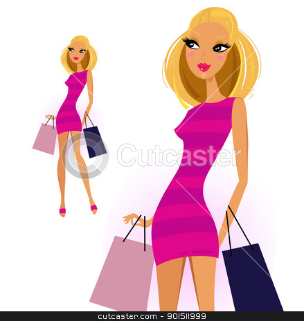 Blond woman with shopping bags isolated on white background Blond woman with shopping bags isolated on white background stock vector clipart, Cute blond shopper girl isolated on white. Vector Illustration by Jana Guothova