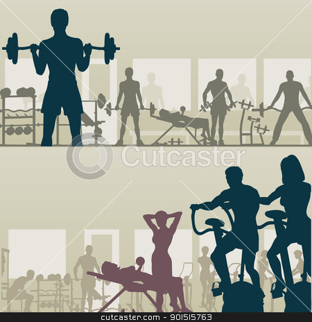 Gymnasium Gymnasium stock vector clipart, Two editable vector silhouettes of people exercising in a gym by Robert Adrian Hillman