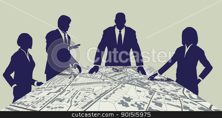 Town planners Town planners stock vector clipart, Editable vector map of people meeting around a generic city map by Robert Adrian Hillman