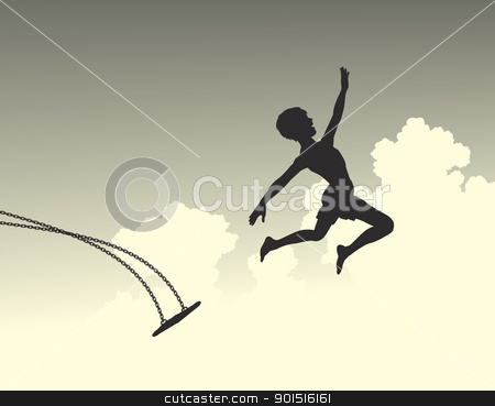 Launch Launch stock vector clipart, Editable vector silhouette of a young boy leaping off a swing by Robert Adrian Hillman