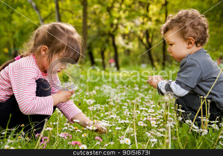 Kids picking daisies park kids picking daisies park stock photo, Two sweet little kids crouching, picking daisies in springtime by vilevi