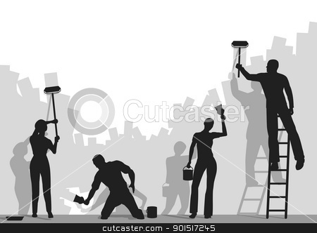 To use this stock image in your creative project, please select the size you need over to the right and click the "Add to Cart" button.
Your downloaded image will come with the Cutcaster watermark removed so don’t worry about the watermark you see on this page. Painters stock vector clipart, Editable vector silhouettes of people painting a blank wall with copy space by Robert Adrian Hillman