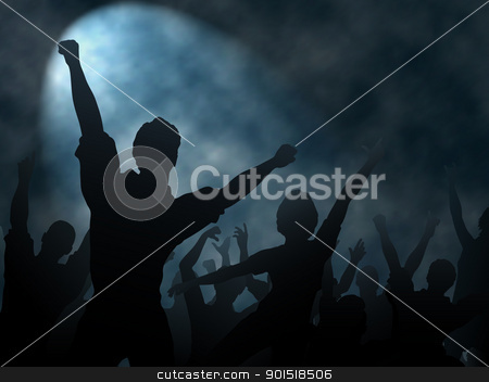 Spotlight Spotlight stock vector clipart, Editable vector silhouettes of people cheering or celebrating under a smoky spotlight with background made using a gradient mesh by Robert Adrian Hillman