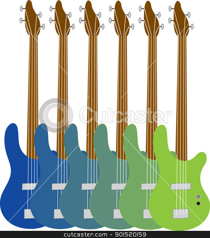To use this stock image in your creative project, please select the size you need over to the right and click the "Add to Cart" button.
Your downloaded image will come with the Cutcaster watermark removed so don’t worry about the watermark you see on this page. Colorful Bass Guitars stock vector clipart, A colorful display of bass guitars, with variegated shades running from blue to green. by Maria Bell