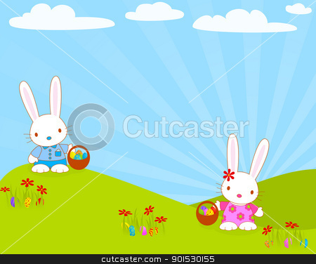 Easter_bunnies_egg easter_bunnies_egg stock vector clipart, Easter bunnies with their baskets and eggs. Global colors. by wingedcats