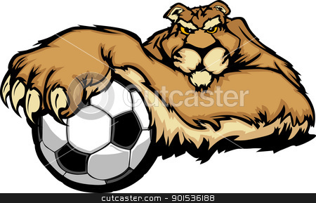 Cougar Mascot with Soccer Ball Vector Illustration Cougar Mascot with Soccer Ball Vector Illustration stock vector clipart, Graphic Mascot Vector Image of a Cougar with Paws on a Soccer Ball by chromaco