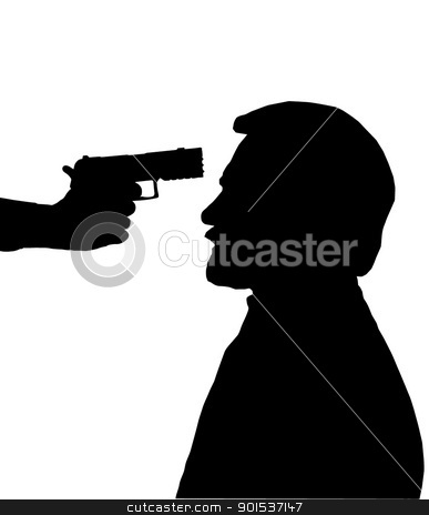 To use this stock image in your creative project, please select the size you need over to the right and click the "Add to Cart" button.
Your downloaded image will come with the Cutcaster watermark removed so don’t worry about the watermark you see on this page. Silhouette of Man with gun against head stock vector clipart, Silhouette of man with gun pointed at his head by Snap2Art