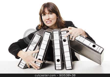 To use this stock image in your creative project, please select the size you need over to the right and click the "Add to Cart" button.
Your downloaded image will come with the Cutcaster watermark removed so don’t worry about the watermark you see on this page. Stressed woman at the office stock photo, Exhausted woman in the office full of folders and work to do, isolated on white background by ikostudio