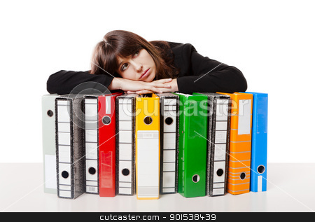 To use this stock image in your creative project, please select the size you need over to the right and click the "Add to Cart" button.
Your downloaded image will come with the Cutcaster watermark removed so don’t worry about the watermark you see on this page. Full of work stock photo, Exhausted woman in the office resting over the folders, isolated on white background by ikostudio