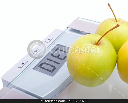Diet Diet stock photo, Diet - Green Apples on Bathroom Scales With Diet Sign on Display on White Background by JAMDesign