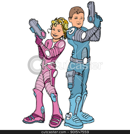 Cartoon of two children dressed in futuristic costumes Cartoon of two children dressed in futuristic costumes stock vector clipart, Cartoon of two children dressed in futuristic costumes. Isolated by antonbrand