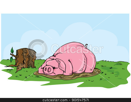 Cartoon pig wallowing in the mud Cartoon pig wallowing in the mud stock vector clipart, Cartoon pig wallowing in the mud. Grass and blue skies behind by antonbrand