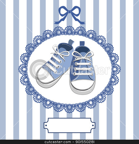 Blue baby shoes and frame Blue baby shoes and frame stock vector clipart, Blue shoes or pair kids sneaker background, oval lace frame, ribbon and shield for you text by Ela Kwasniewski