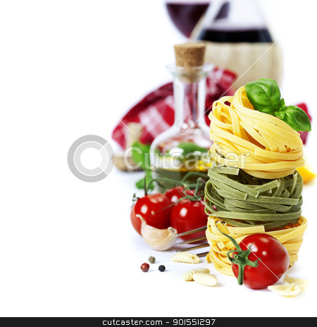 Italian Pasta and wine Italian Pasta and wine stock photo, Italian Pasta ( with tomatoes, olive oil and basil) and wine on a white background by klenova