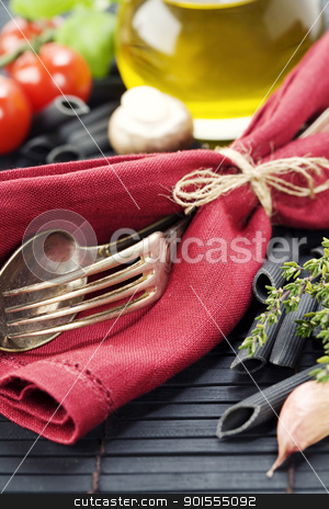 Pasta ingredients pasta ingredients stock photo, Spoon, fork, napkin and pasta ingredients (Penne, olive oil, basil, mushrooms, tomato, lemon) by klenova