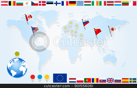 To use this stock image in your creative project, please select the size you need over to the right and click the "Add to Cart" button.
Your downloaded image will come with the Cutcaster watermark removed so don’t worry about the watermark you see on this page. Set Flags of EU countries on world map stock photo, Flags of EU countries on world map and globe with pointers by Imaster