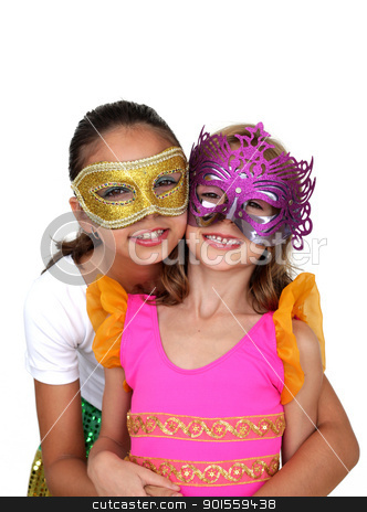Girls with mask Girls with mask stock photo, Two young girls with color carnival mask by marphotography