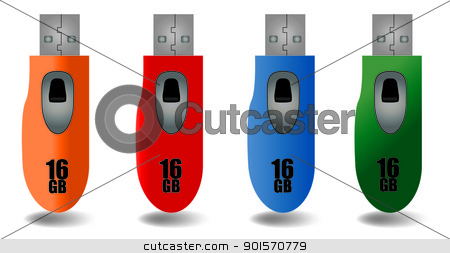 To use this stock image in your creative project, please select the size you need over to the right and click the "Add to Cart" button.
Your downloaded image will come with the Cutcaster watermark removed so don’t worry about the watermark you see on this page. USB Flash Drive Vector stock vector clipart, Four vector flash drives in various colors. by Jadthree