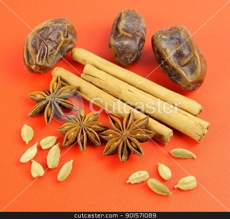 Winter flavors: Cardamom, Cinnamon, star anise, dates on red background Winter flavors: Cardamom, Cinnamon, star anise, dates on red background stock photo, Four spices representing a cosy winter evening baking session. Pods of green Cardamom and fruits of star anise are placed in front of Cinnamon sticks and Medjoul dates on a warm red sheet.
by TheOrganic