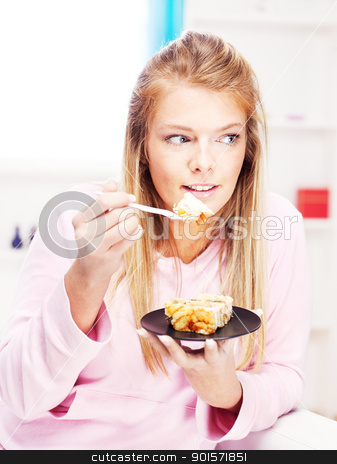 To use this stock image in your creative project, please select the size you need over to the right and click the "Add to Cart" button.
Your downloaded image will come with the Cutcaster watermark removed so don’t worry about the watermark you see on this page. woman eating cake at home stock photo, Blond woman eating cake at home by iMarin