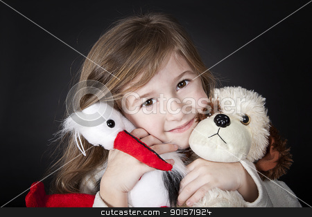 Happy girl with her toy friends happy girl with her toy friends stock photo, smiling girl hugging toy stork and dog by photomim