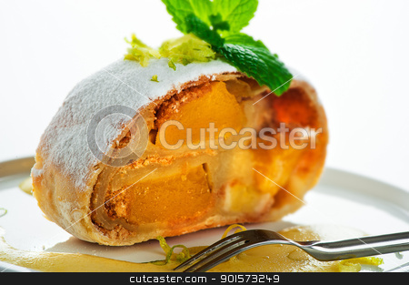 To use this stock image in your creative project, please select the size you need over to the right and click the "Add to Cart" button.
Your downloaded image will come with the Cutcaster watermark removed so don’t worry about the watermark you see on this page. A piece of banana, mango strudel with vanilla sauce and lemon on stock photo, A piece of banana, mango strudel with vanilla sauce and lemon on white background as a studio shot by p.studio66