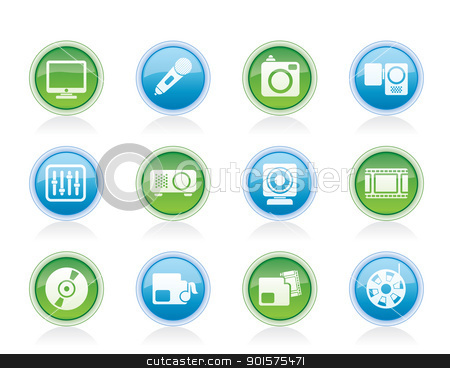 To use this stock image in your creative project, please select the size you need over to the right and click the "Add to Cart" button.
Your downloaded image will come with the Cutcaster watermark removed so don’t worry about the watermark you see on this page. Media equipment icons stock vector clipart, Media equipment icons - vector icon set by Stoyan Haytov