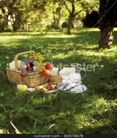 Picnic Picnic stock photo, Bread, Fish and vegetables in a picnic basket by Anne-Louise Quarfoth