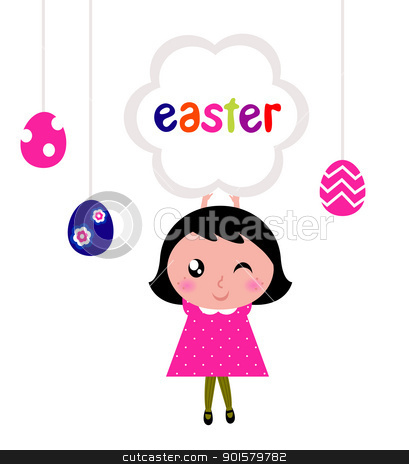 Cute little girl holding easter banner Cute little girl holding easter banner stock vector clipart, Girl with easter banner and eggs. Vector cartoon Illustration. by Jana Guothova