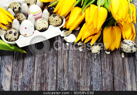 Easter composition easter composition stock photo, easter composition with eggs and spring flowers on old wooden boards by klenova