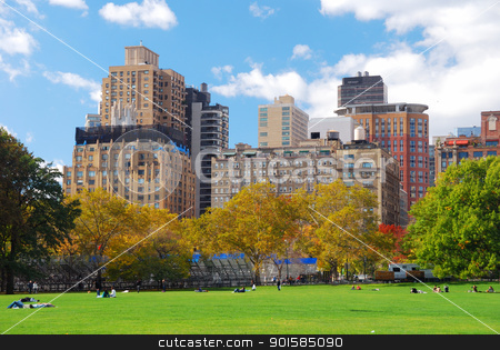 To use this stock image in your creative project, please select the size you need over to the right and click the "Add to Cart" button.
Your downloaded image will come with the Cutcaster watermark removed so don’t worry about the watermark you see on this page. New York City stock photo, New York City Manhattan skyline panorama viewed from Central Park with cloud and blue sky and people in lawn. by rabbit75_cut