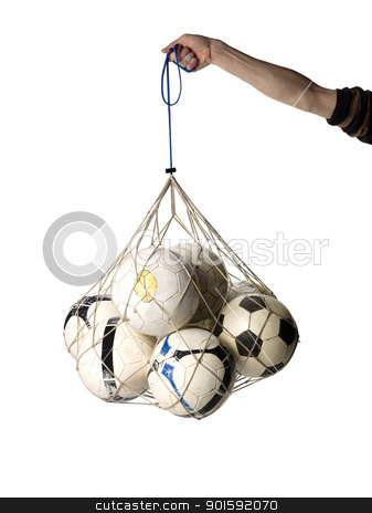 Soccer Balls Soccer Balls stock photo, Net with Soccer Balls on white background by Anne-Louise Quarfoth